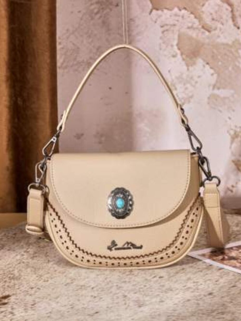 Montana West Western Turquoise Concho Saddle Crossbody Purse Tan NWT